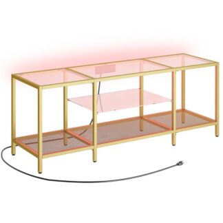 tv stand with led lights and power outlets for tvs up to 65", moderni 55 tuuman karkaistu lasi -TV -konsolipöytä avoimilla hyllyillä, mediaviihdekeskus olohuoneeseen, kulta