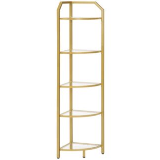 Modern Style 5-Tier Corner Shelf Stand, Gold Corner Bookshelf, Tempered Glass Shelves, Bathroom Organizer, Corner Plant Stand, for Living Room, Study, Balcony, Home Office