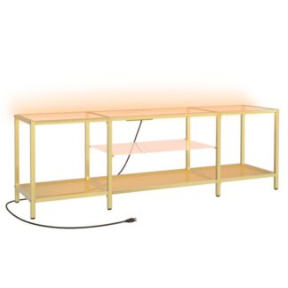tv stand with led lights and power outlets for tvs up to 75", moderni 63 tuuman karkaistu lasi -TV -konsolipöytä avoimilla hyllyillä, mediaviihdekeskus olohuoneeseen, kulta