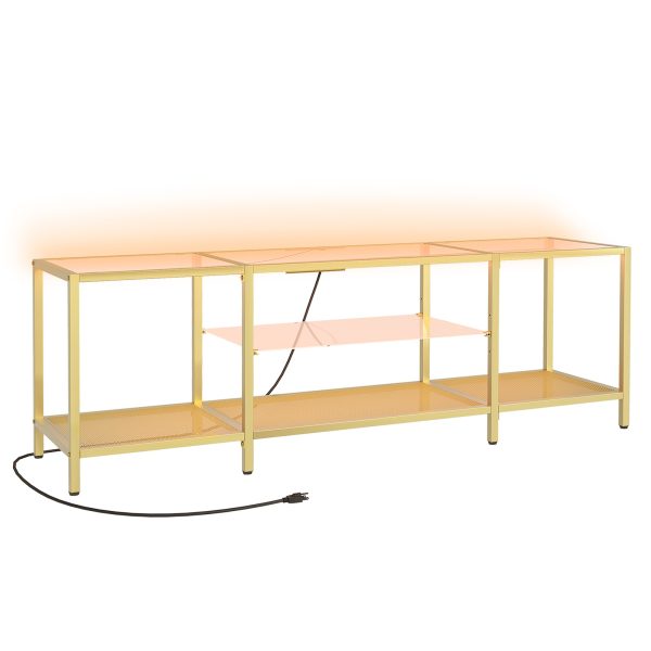 Подставка для телевизора из закаленного стекла золотого цвета со светодиодной подсветкой и розетками, Современная медиа-консоль, Совместимость с телевизорами до 75 дюймов., Подходит для гостиной