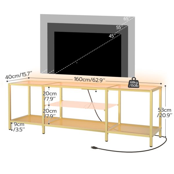 Подставка для телевизора из закаленного стекла золотого цвета со светодиодной подсветкой и розетками, Современная медиа-консоль, Совместимость с телевизорами до 75 дюймов., Подходит для гостиной
