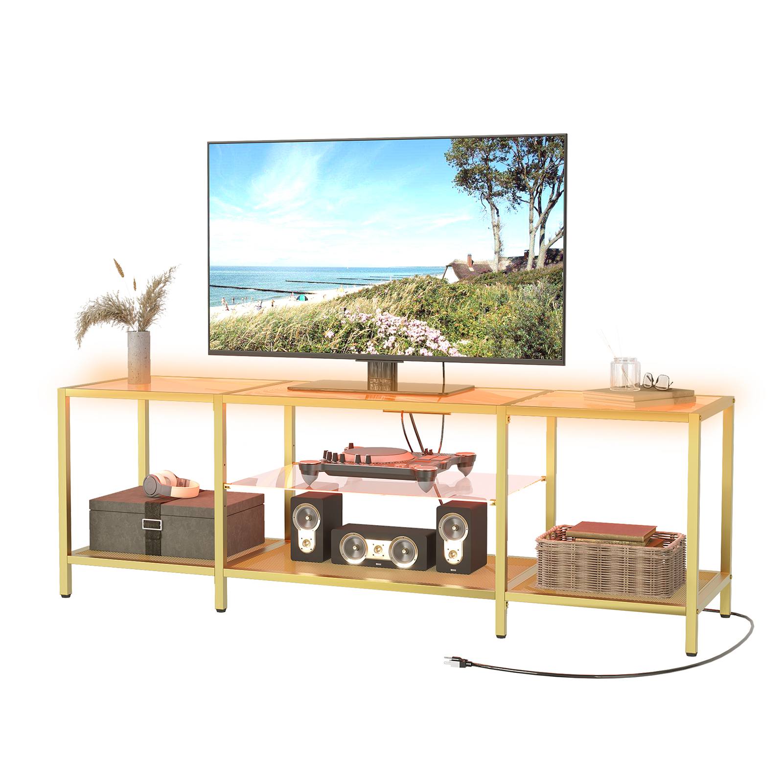 Mueble para TV de vidrio templado dorado con luces LED y tomas de corriente, Consola multimedia moderna, Compatible con televisores de hasta 75 pulgadas, Adecuado para sala de estar