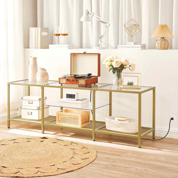 Подставка для телевизора из закаленного стекла золотого цвета со светодиодной подсветкой и розетками, Современная медиа-консоль, Совместимость с телевизорами до 75 дюймов., Подходит для гостиной