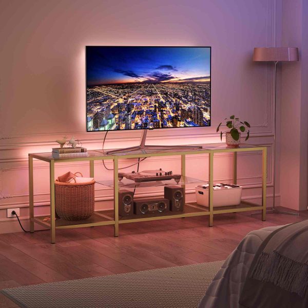 Подставка для телевизора из закаленного стекла золотого цвета со светодиодной подсветкой и розетками, Современная медиа-консоль, Совместимость с телевизорами до 75 дюймов., Подходит для гостиной