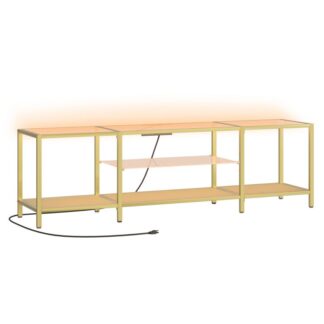 tv stand with led lights and power outlets for tvs up to 75", moderni 70.9 tuuman karkaistu lasi -TV -konsolipöytä avoimilla hyllyillä, mediaviihdekeskus olohuoneeseen, kulta