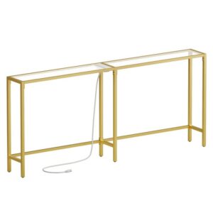 gold console table with 2 power outlets and 2 usb ports, extra long entryway table with charging station, tempered glass sofa table, modern, for living room, hallway