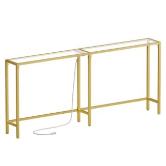kultakonsolipöytä 2 sähköpoistot ja 2 USB -portit, Erittäin pitkä sisäänkäyntipöytä latausasemalla, karkaistu lasi -sohvapöytä, moderni, olohuoneeseen, käytävällä