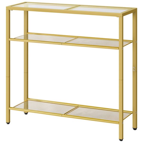 75Table console étroite de cm, 3-Table d'appoint de canapé en verre trempé Tier, Table d'affichage d'entrée moderne, Convient pour l'entrée, Salon, Foyer, Couloir & Chambre à coucher, Finition dorée