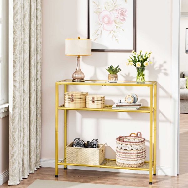 75Table console étroite de cm, 3-Table d'appoint de canapé en verre trempé Tier, Table d'affichage d'entrée moderne, Convient pour l'entrée, Salon, Foyer, Couloir & Chambre à coucher, Finition dorée