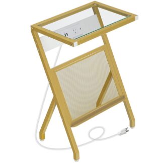 Золотой столик, Z-образный столик с зарядной станцией, Современный столик для телевизора с полкой для журналов, Журнальный столик из закаленного стекла для небольшого пространства, Спальня, Офис, Гостиная, Золото