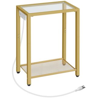 Конечный стол, Приставной столик с зарядной станцией, 2-Ярусная тумбочка с полками для хранения, Небольшая прикроватная тумбочка, Телефонный столик, Современный журнальный столик, Закаленное стекло, Гостиная, Золото
