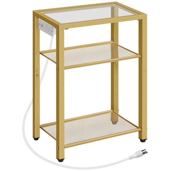 3-Tier End Table with Integrated Charging Station, Tempered Glass Side Table Equipped with USB Ports & Outlet, Modern Gold Metal Frame Nightstand with Storage Shelves for Living Room & Bedroom