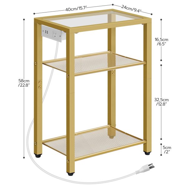 3-Tier End Table with Integrated Charging Station, Tempered Glass Side Table Equipped with USB Ports & Outlet, Modern Gold Metal Frame Nightstand with Storage Shelves for Living Room & Bedroom