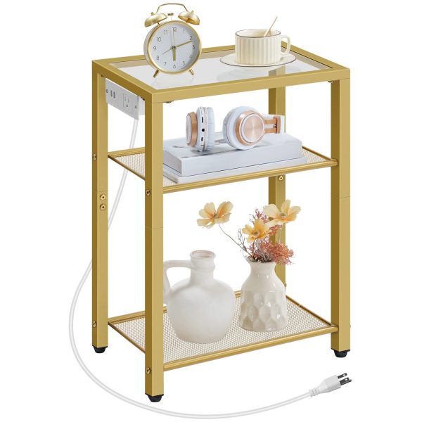3-Tier End Table with Integrated Charging Station, Tempered Glass Side Table Equipped with USB Ports & Outlet, Modern Gold Metal Frame Nightstand with Storage Shelves for Living Room & Bedroom