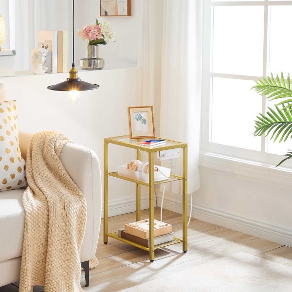 3-Tier End Table with Integrated Charging Station, Tempered Glass Side Table Equipped with USB Ports & Outlet, Modern Gold Metal Frame Nightstand with Storage Shelves for Living Room & Bedroom