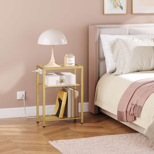 3-Tier End Table with Integrated Charging Station, Tempered Glass Side Table Equipped with USB Ports & Outlet, Modern Gold Metal Frame Nightstand with Storage Shelves for Living Room & Bedroom