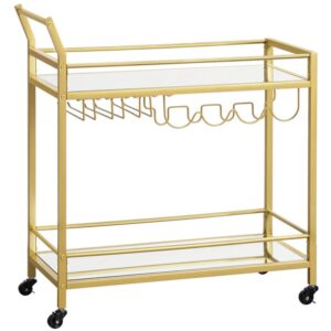 bar cart, bar serving cart, with 2 mirrored storage shelves, wine cart with bottle and cup holders, rolling storage cart, for kitchen, dining room, club, bar, gold