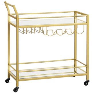 καροτσάκι, μπαρ που σερβίρει καλάθι, με 2 Κατασκευασμένα ράφια αποθήκευσης, καλάθι κρασιού με μπουκάλι και κάτοχοι κυπέλλου, καλάθι αποθήκευσης, για κουζίνα, τραπεζαρία, λέσχη, μπαρ, χρυσός