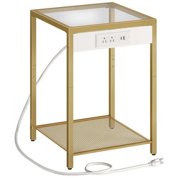Side Table mat Opluedstatioun, Enn Dësch Equipéiert mat USB Häfen an AC Outlets, Kompakt Nightstand fir schmuel Plazen, Temperéiert Glas Tabletop, Modern Metallframe, Gëeegent fir Büro, Schlofkummer, Wunnzëmmer, Etude, Gold