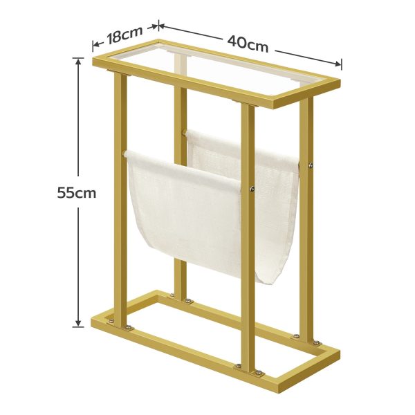 Στενό πλαϊνό τραπέζι από χρυσό Tempered Glass με θήκη για περιοδικό, Πολυλειτουργικός Καναπές Πλαϊνό Τραπέζι για Σαλόνι και Υπνοδωμάτιο