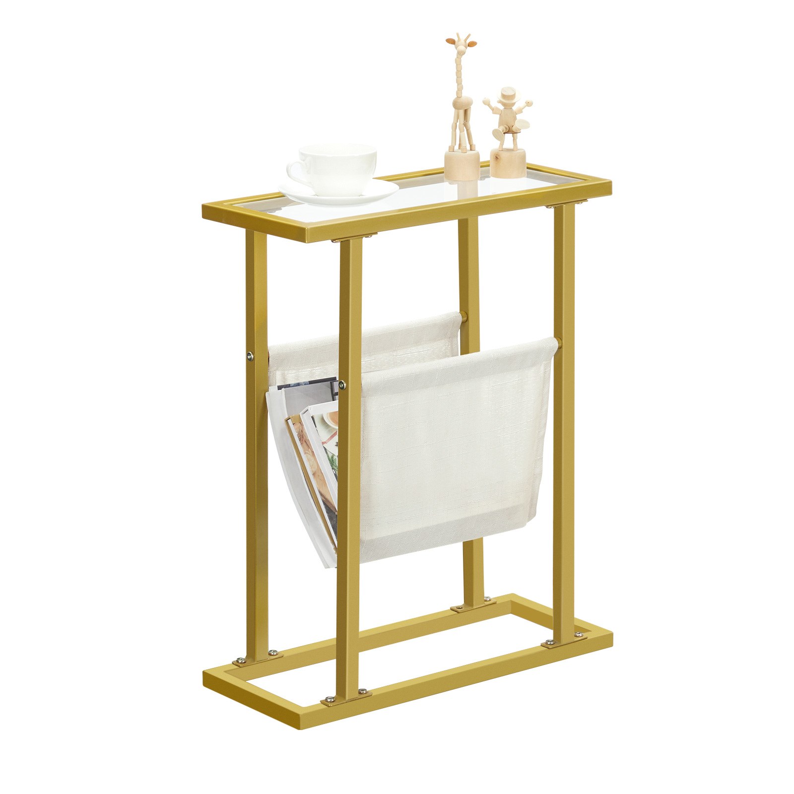 Schmaler Beistelltisch aus goldenem gehärtetem Glas mit Zeitschriftenhalter, Multifunktionaler Sofa-Beistelltisch für Wohnzimmer und Schlafzimmer