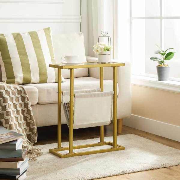Στενό πλαϊνό τραπέζι από χρυσό Tempered Glass με θήκη για περιοδικό, Πολυλειτουργικός Καναπές Πλαϊνό Τραπέζι για Σαλόνι και Υπνοδωμάτιο