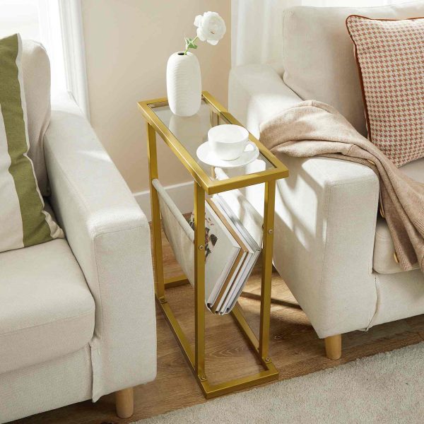 Στενό πλαϊνό τραπέζι από χρυσό Tempered Glass με θήκη για περιοδικό, Πολυλειτουργικός Καναπές Πλαϊνό Τραπέζι για Σαλόνι και Υπνοδωμάτιο