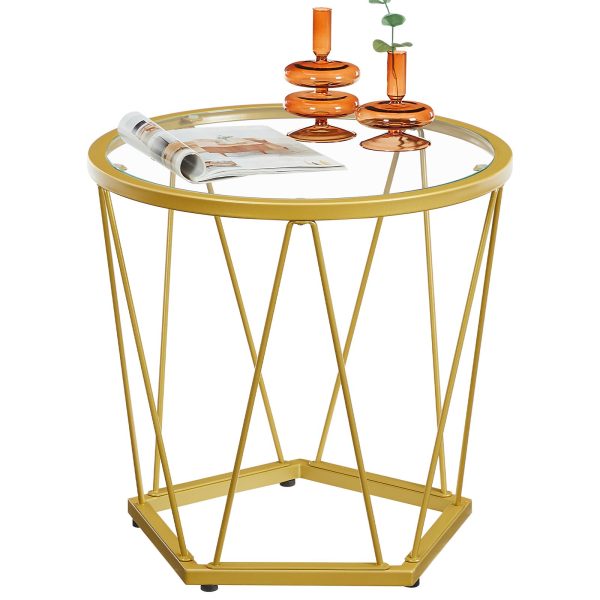 Σετ Στρογγυλού Τραπεζιού Φωλιάσματος (2-Κομμάτι), Χρυσό μεταλλικό πλαίσιο με σκληρυμένο γυαλί επάνω, Συμπαγές τελικό τραπέζι για σαλόνι, Υπνοδωμάτιο, Μπαλκόνι & Αυλή, Μοντέρν