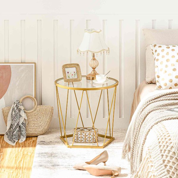 Σετ Στρογγυλού Τραπεζιού Φωλιάσματος (2-Κομμάτι), Χρυσό μεταλλικό πλαίσιο με σκληρυμένο γυαλί επάνω, Συμπαγές τελικό τραπέζι για σαλόνι, Υπνοδωμάτιο, Μπαλκόνι & Αυλή, Μοντέρν