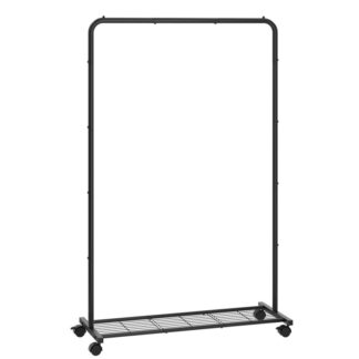 رف الملابس مع عجلات, 39 رف الملابس بوصة, رف الثابت على رف الثياب لتعليق الملابس, مع رف تخزين شبكة, 110 سعة تحميل LB, لغرفة النوم, غرفة الغسيل, أسود