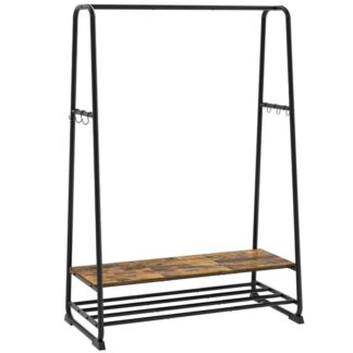 clothes rack, garment rack for hanging clothes, industrial clothing rack with 2 shelves, 6 s hooks, metal frame, for bedrooms, entrances, rustic brown and black