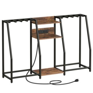 Guitar Stand for Electric Guitar, Bass, Multi Guitar Rack Holder with Charging Station, 3-tier Storage Shelf for Guitar Amp Picks Accessories, for Home Music Studio, Rustic Brown