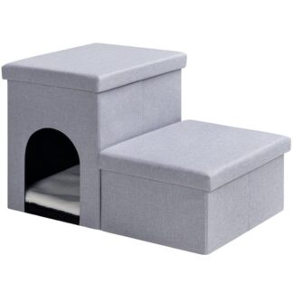 Σκάλες σκύλου με αποθήκευση, Πτυσσόμενα σκαλοπάτια σκύλου για ψηλό κρεβάτι ή καναπέ, 22" L x 15,8" W x 15" H, Σκάλες για κατοικίδια με Pet House, για μικρά σκυλιά, Υπομονή μέχρι 150 λίβρες, 2 Βήματα, Γκρί