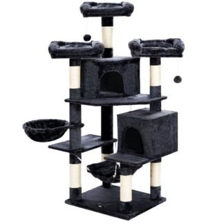 hohe Katzenbaumbaum, Multi-Level-Katzenaktivitätsbaum mit 2 Plüsch -Eigentumswohnungen, Sisal -Kratzerposten, Hängematte, Korb für große Katze, Stabiler Katzenturm mit Anti-topping-Kit, rauchig grau