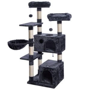 cat tower, 57 inch cat tree with 2 plush condos and sisal scratching post, cat furniture for kitten and pet, release the nature of cat, stable house with anti-toppling kit, smoky gray