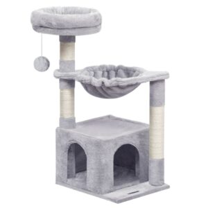 small cat tree tower with luxury condo, basket hammock for indoor kittens with scratching posts, kittens pet activity tree play house furniture, toy furball on top, stable and firm
