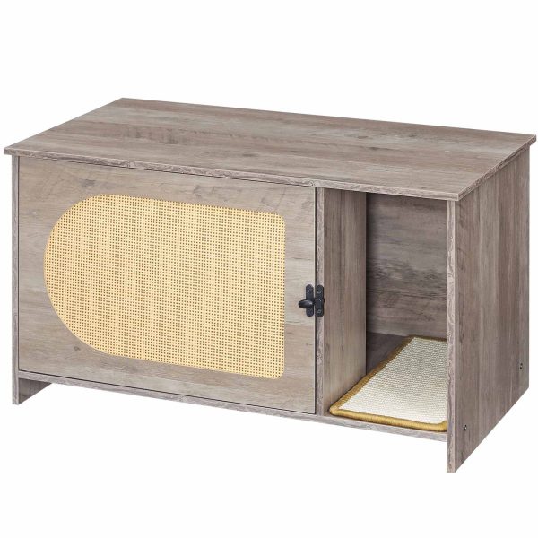 Cat Litter Box Enclosure with Faux Rattan Door, Multi-Functional Cat Furniture with Adhesive Scratching Mat, Pet Litter Cabinet Convertible to Coffee Table, Greige