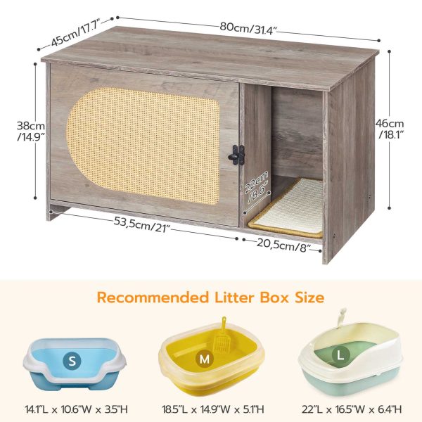 Cat Litter Box Enclosure with Faux Rattan Door, Multi-Functional Cat Furniture with Adhesive Scratching Mat, Pet Litter Cabinet Convertible to Coffee Table, Greige
