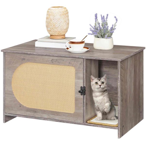 Cat Litter Box Enclosure with Faux Rattan Door, Multi-Functional Cat Furniture with Adhesive Scratching Mat, Pet Litter Cabinet Convertible to Coffee Table, Greige
