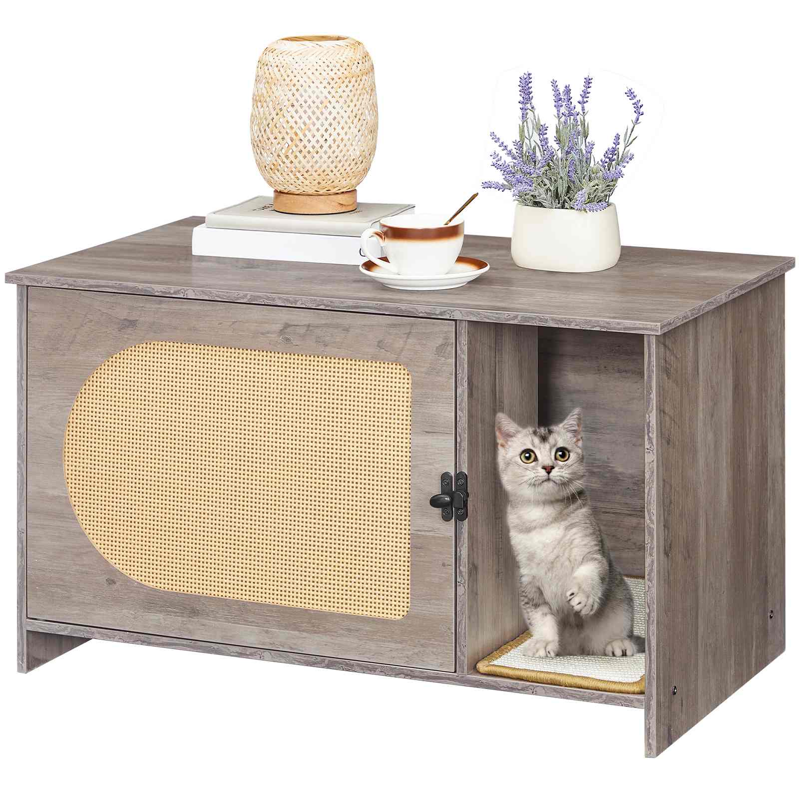 Cat Litter Box Enclosure with Faux Rattan Door, Multi-Functional Cat Furniture with Adhesive Scratching Mat, Pet Litter Cabinet Convertible to Coffee Table, Greige