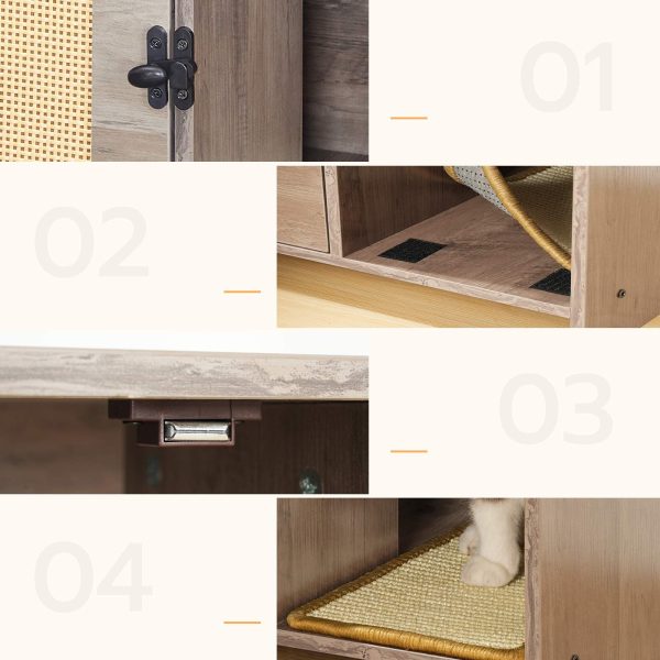 Cat Litter Box Enclosure with Faux Rattan Door, Multi-Functional Cat Furniture with Adhesive Scratching Mat, Pet Litter Cabinet Convertible to Coffee Table, Greige