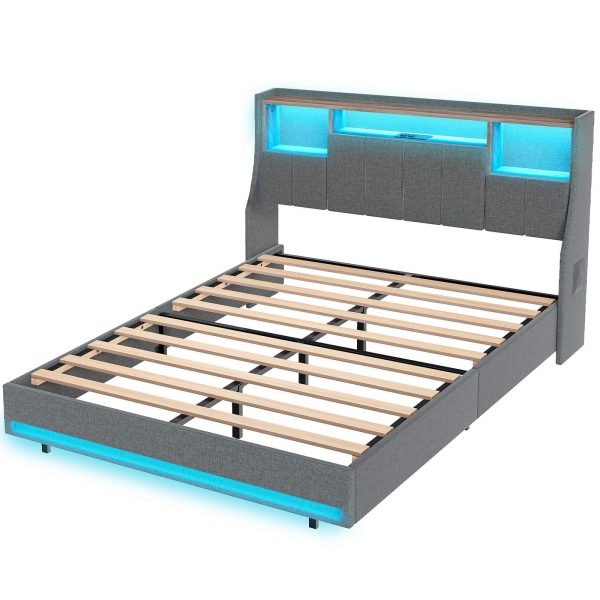 Gray Queen Size Upholstered Platform Bed Frame with Storage Headboard, RGB LED Lighting and Integrated Charging Station, Metal and Wooden Slat Construction, Не требуется коробчатая пружина