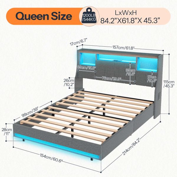 Gray Queen Size Upholstered Platform Bed Frame with Storage Headboard, RGB LED Lighting and Integrated Charging Station, Metal and Wooden Slat Construction, Не требуется коробчатая пружина