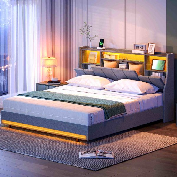 Gray Queen Size Upholstered Platform Bed Frame with Storage Headboard, RGB LED Lighting and Integrated Charging Station, Metal and Wooden Slat Construction, Не требуется коробчатая пружина