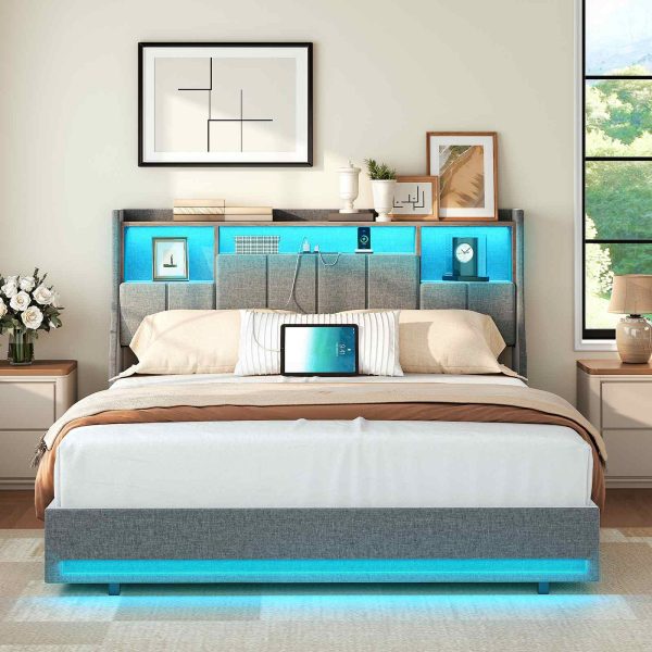Gray Queen Size Upholstered Platform Bed Frame with Storage Headboard, RGB LED Lighting and Integrated Charging Station, Metal and Wooden Slat Construction, Не требуется коробчатая пружина