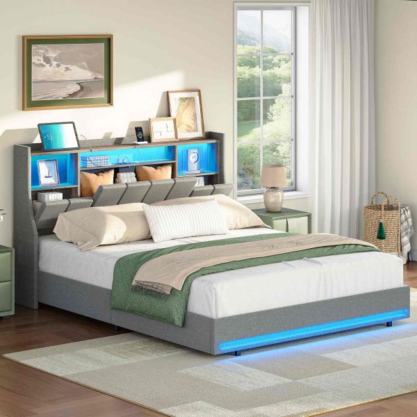 Gray Queen Size Upholstered Platform Bed Frame with Storage Headboard, RGB LED Lighting and Integrated Charging Station, Metal and Wooden Slat Construction, Не требуется коробчатая пружина