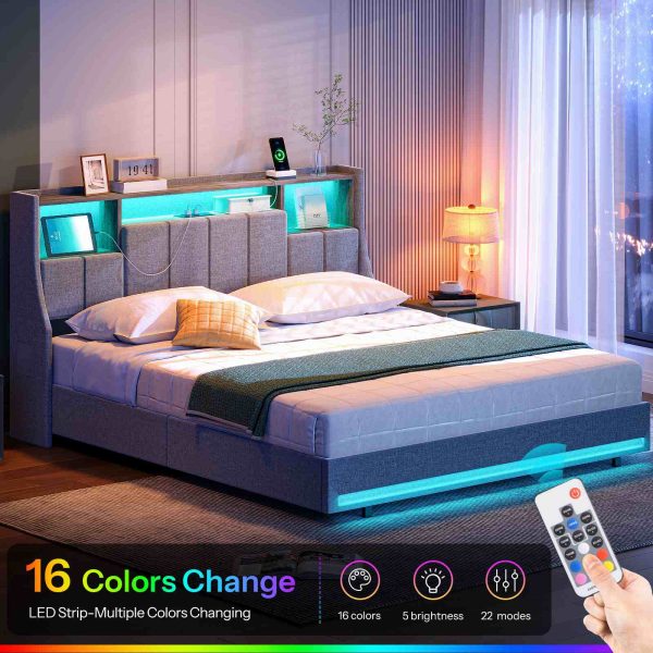 Gray Queen Size Upholstered Platform Bed Frame with Storage Headboard, RGB LED Lighting and Integrated Charging Station, Metal and Wooden Slat Construction, Не требуется коробчатая пружина