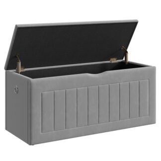 Banc de rangement gris, Boîte à jouets en velours avec charnières de sécurité et anneaux de traction, 39.4" Chérie de rangement pour la chambre des enfants, Chambre à coucher, Salon