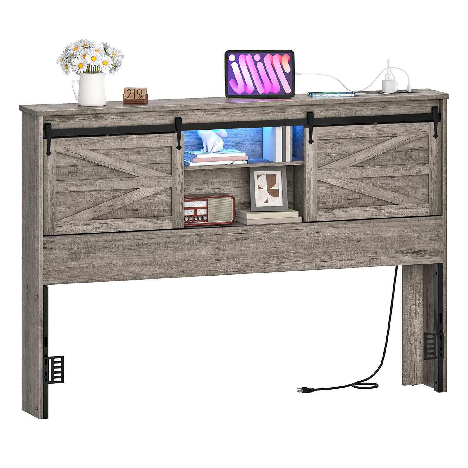 Queen-Size Headboard with Storage Shelf, Farmhouse Style Queen Headboard with Integrated Charging Station and LED Lighting, Bookcase Headboard for Bedroom, 2-Tier Storage, Grey