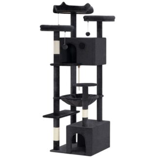 Drapak dla kotów domowych, Duża Wieża Kota, Wielopoziomowy drapak dla kota z dużym hamakiem, Dom dla kota z 3 Wyściełane okonie, Mieszkanie dla kota z 3 Drapak dla kota, Ciemnoszary